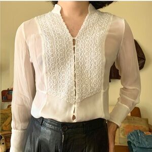 ICE vintage white sheer lace beaded long sleeve blouse 1970s/80s size medium